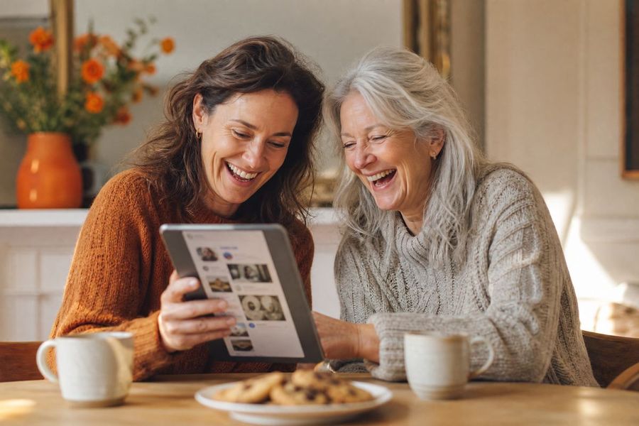 Two women laughing while looking at a tablet together