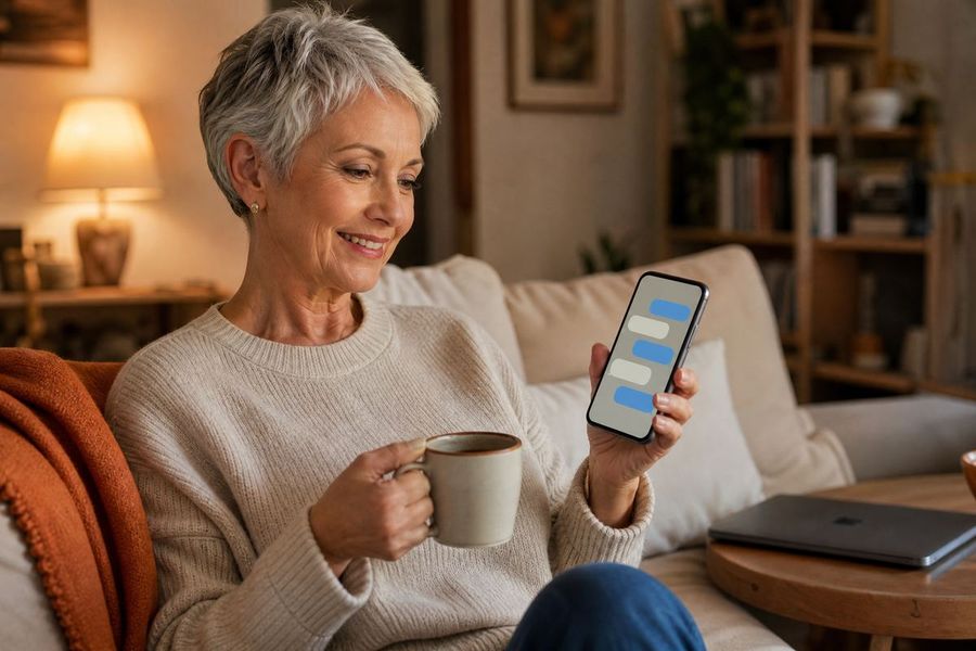 Woman with a coffee checking messages on her phone