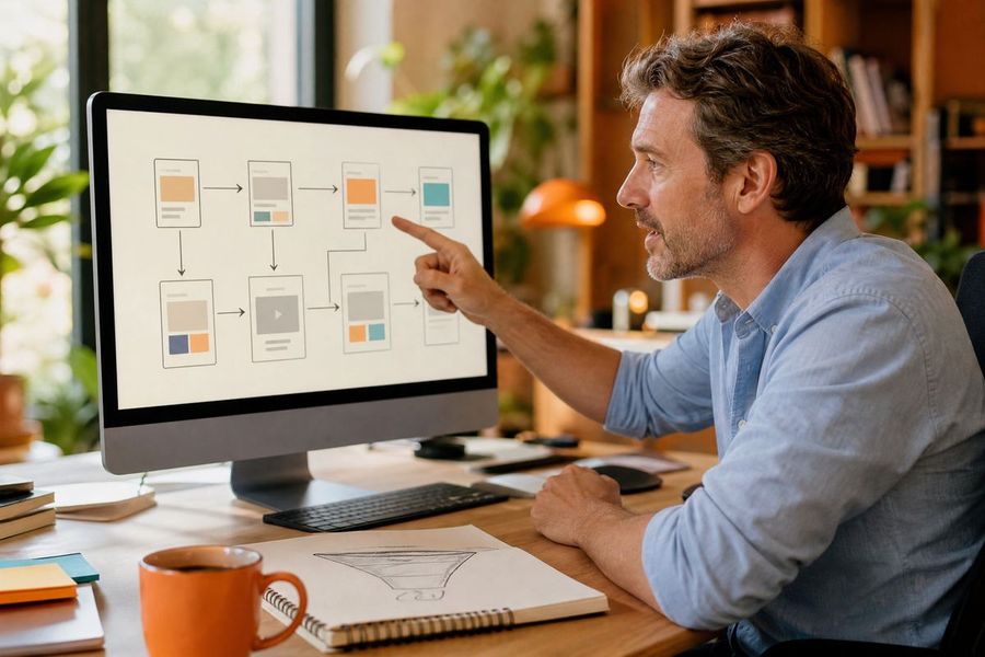 Man looking at a sales funnel on his computer screen