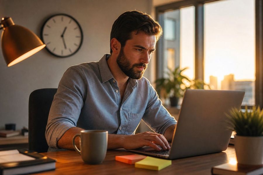 Man working on his own digital product at a laptop